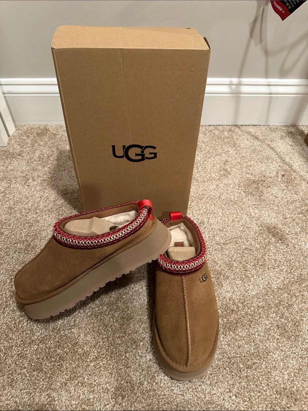 UGG Chestnut Suede Slip-On Mules with Red Accent